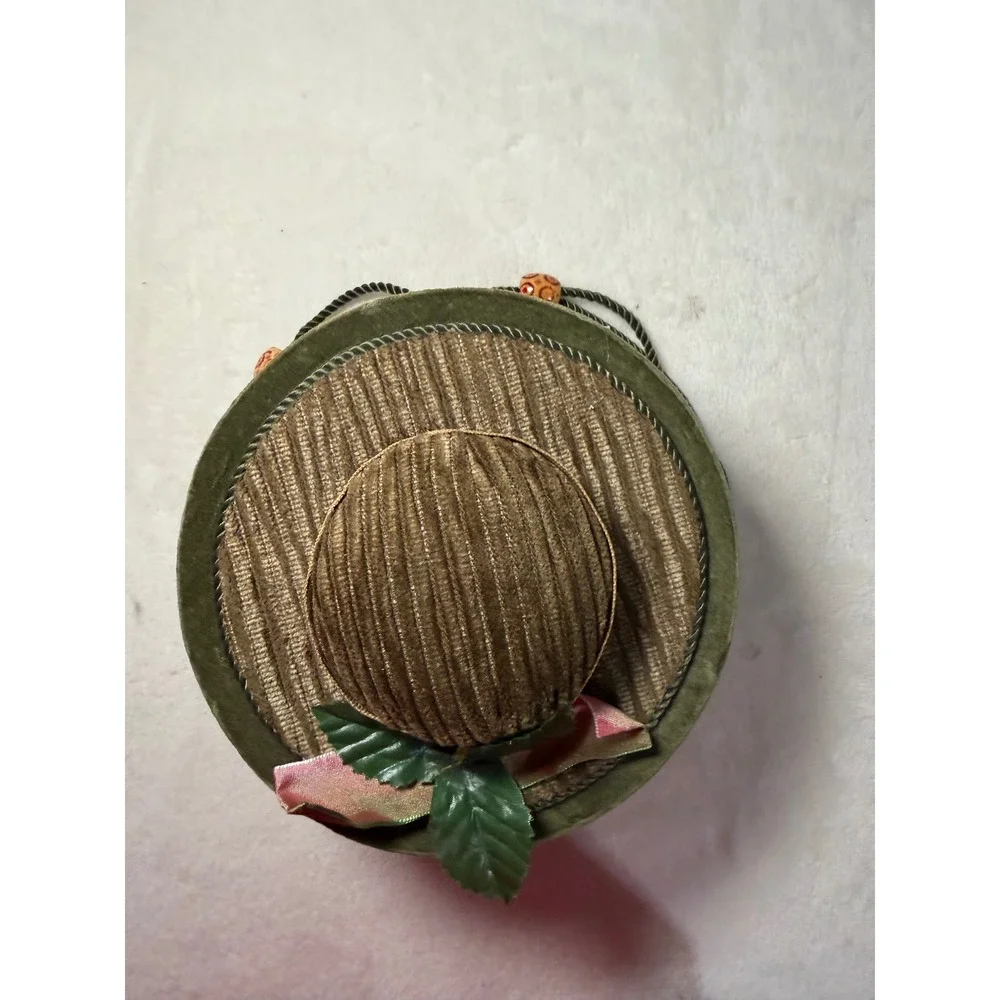 Vintage Style Hat Shaped Trinket Box Green Velvet Corduroy Jewelry Storage Case